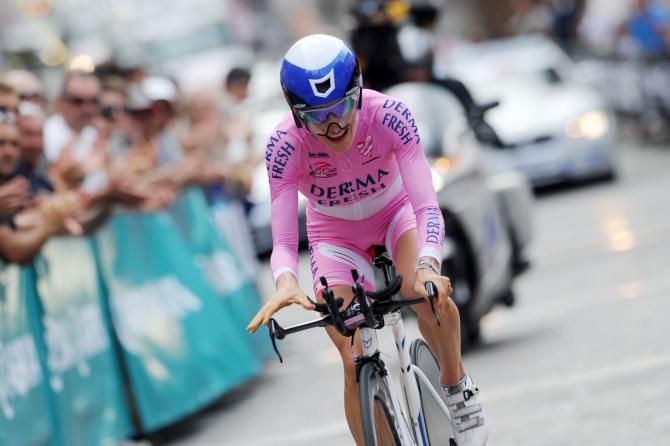 Mara Abbott (USA National Team) finishes the Giro Rosa's final stage time trial and knows she's sealed overall victory.