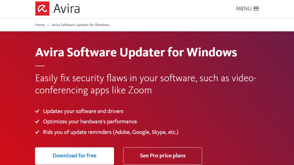 Website screenshot of Avira Software Updater (August, 2025)