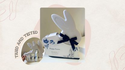 Image of the Rituals Amsterdam Easter Gift Set on a beige background, with beige 'tried and tested' banner, circular image of the inside contents of the gift set and pink motifs and swirls