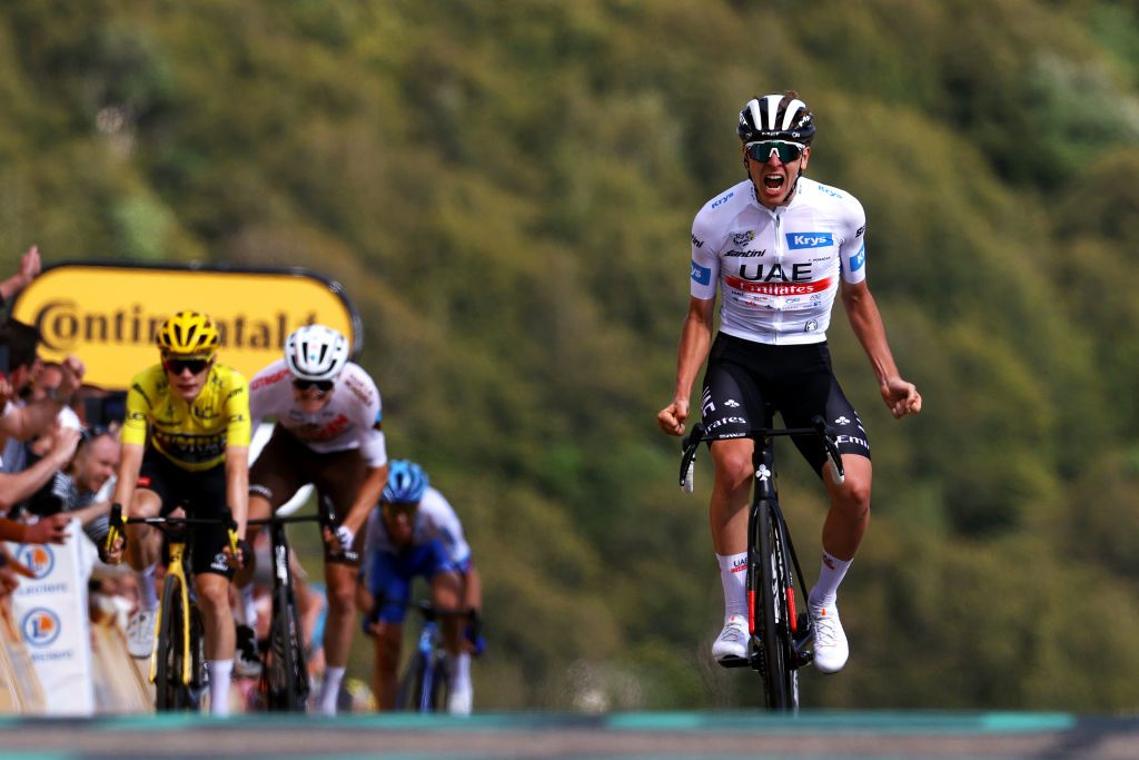 Tadej Pogacar (UAE Team Emirates) wins stage 20 ahead of Felix Gall (AG2R Citro&euml;n) and Jonas Vingegaard (Jumbo-Visma)