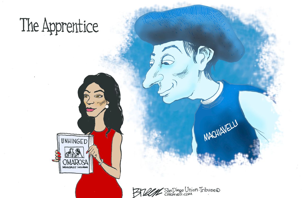 Political cartoon U.S. Unhinged Omarosa Manigault Newman Machiavelli apprentice