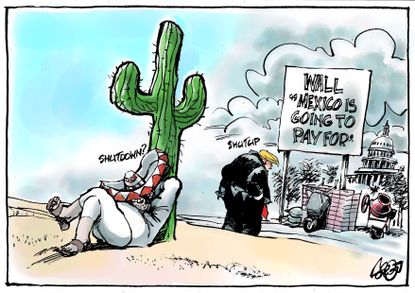Political cartoon U.S. Trump Mexico border wall shutdown