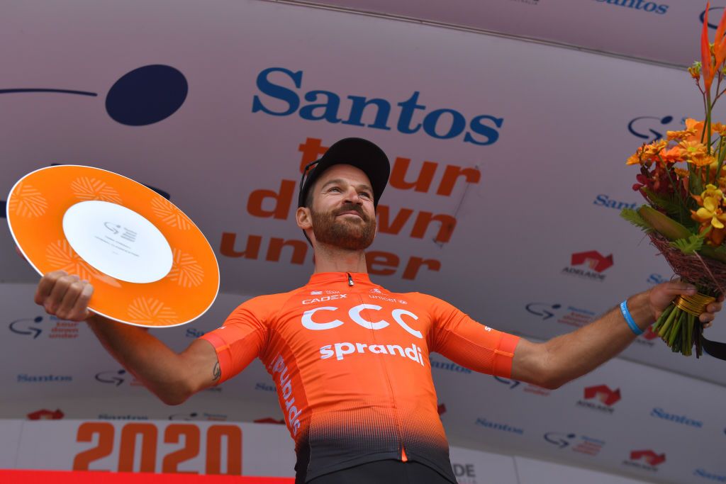 CCC Team&rsquo;s Simon Geschke with the spoils of third place overall at the 2020 Tour Down Under
