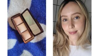 On the left, a close up of the Hourglass Ambient Lighting Powder Palette and on the right, a picture of Beauty Writer, Naomi Jamieson wearing the powder with her makeup