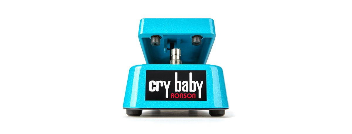 Dunlop Mick Ronson Cry Baby wah: a bright blue wah pedal with a bright red rubber-gripped footplate.