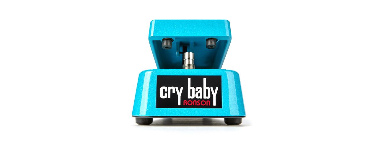 Dunlop Mick Ronson Cry Baby wah: a bright blue wah pedal with a bright red rubber-gripped footplate.