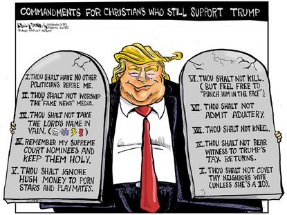 Political cartoon U.S. Christians ten commandments Trump corrupt religion