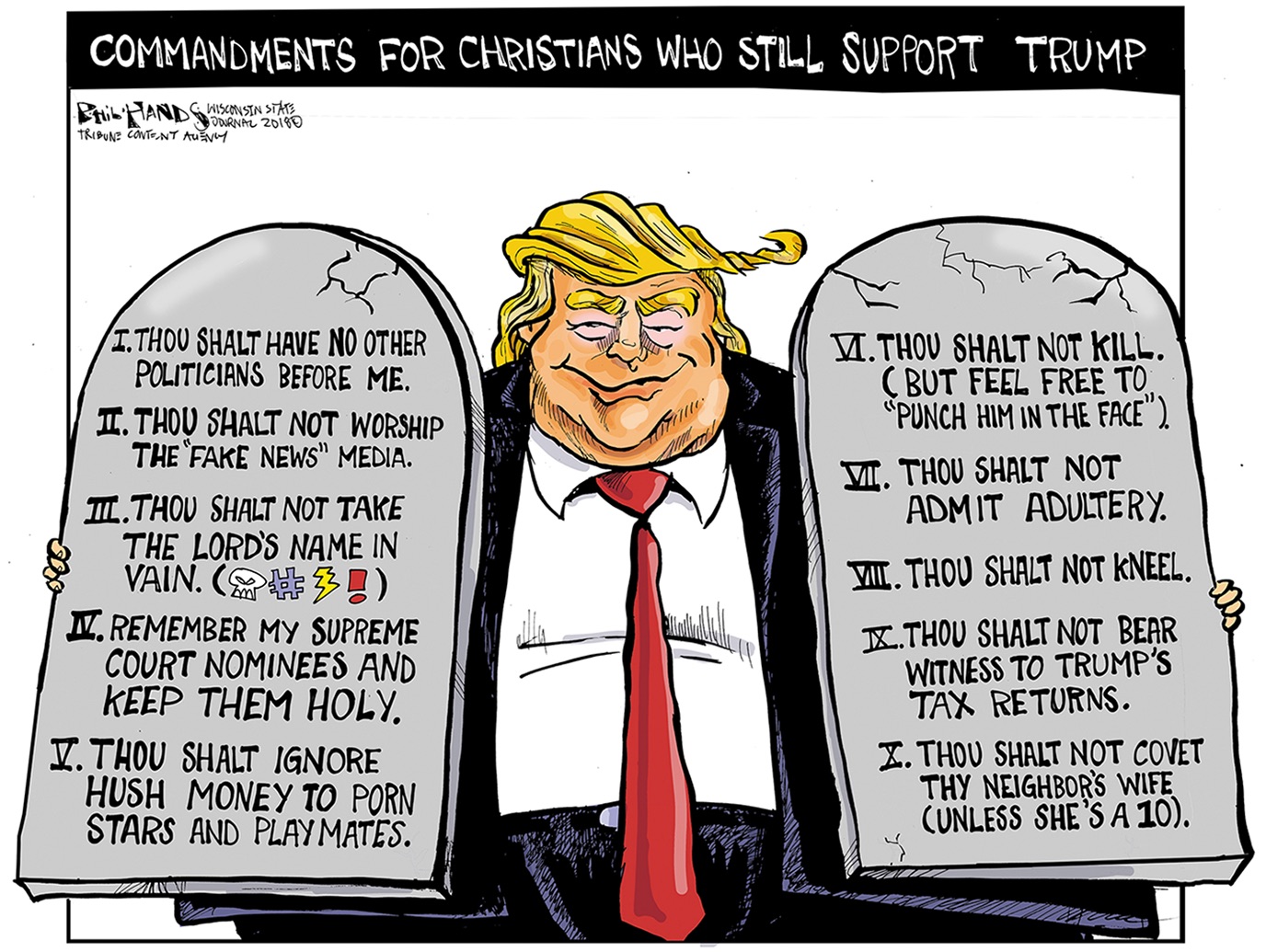 Political cartoon U.S. Christians ten commandments Trump corrupt ...