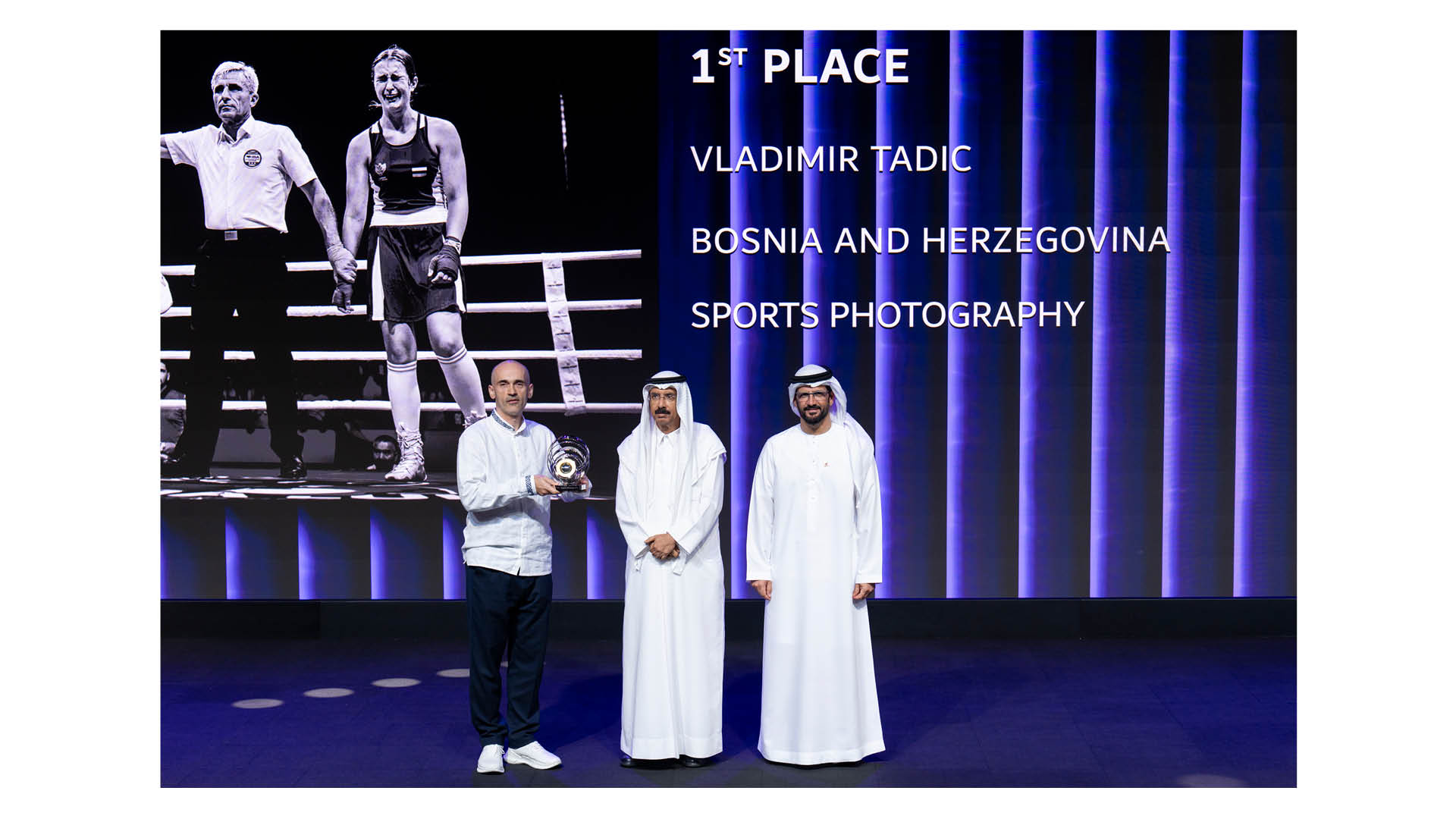 Bosnian photographer Vladimir Tadic collecting his trophy for winning the Sports Photography category of the 14th season of the Hamdan bin Mohammed bin Rashid Al Maktoum International Photography Awards (HIPA), at the Museum of the Future in Dubai, November 2025