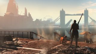 A promotional shot of the Fallout 4 mod Fallout: London, showing a player and pet standing by the River Thames, London in a post-apocalyptic scenario.