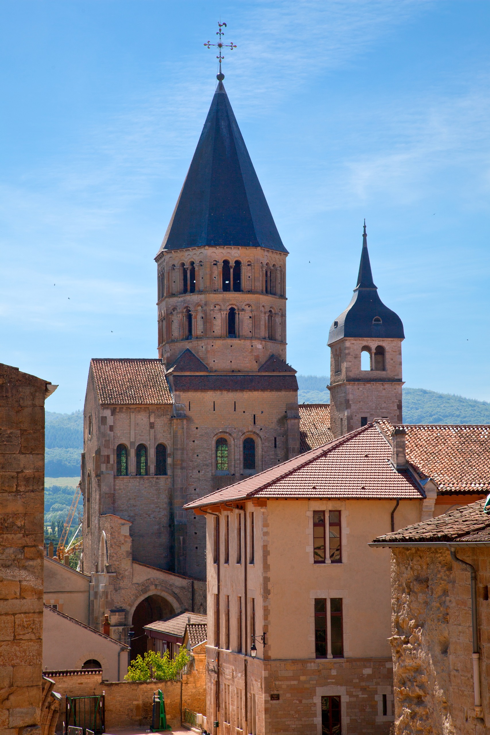 Medieval church tower rising above the surrounding buildings