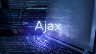 An illustration of the word Ajax on a background of computer code over an open laptop