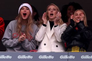 Taylor Swift, Brittany Mahomes, and Ashley Avignone cheer after a Kansas City Chiefs touchdown during the second quarter against the New England Patriots
