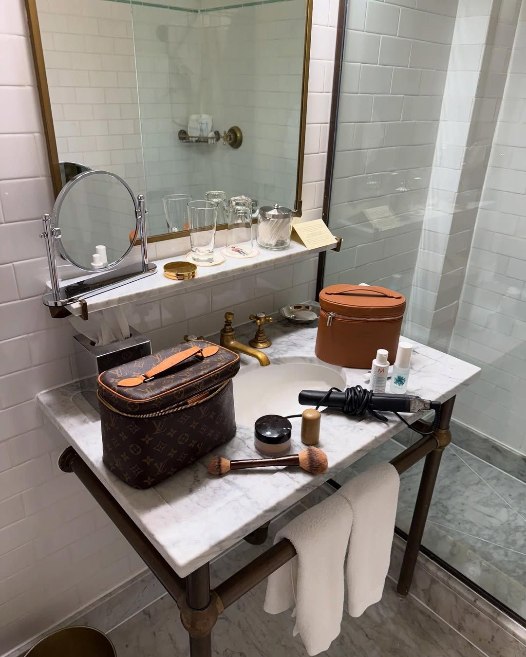 Emma Leger's hotel sink beauty set up