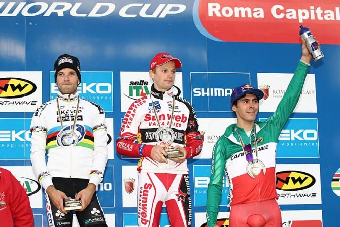 Elite men's podium (L-R): NIels Albert, Kevin Pauwels and Marco Aurelio Fontana