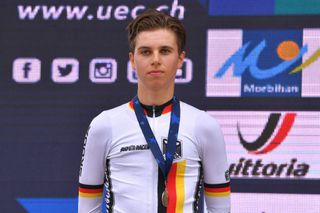 PLOUAY FRANCE AUGUST 24 Podium Marco Brenner of Germany Silver Medal Celebration during the 26th UEC Road European Championships 2020 Mens Junior Individual Time Trial a 256km race from Plouay to Plouay ITT UECcycling EuroRoad20 on August 24 2020 in Plouay France Photo by Luc ClaessenGetty Images