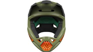 The front of a full-face mountain bike helmet