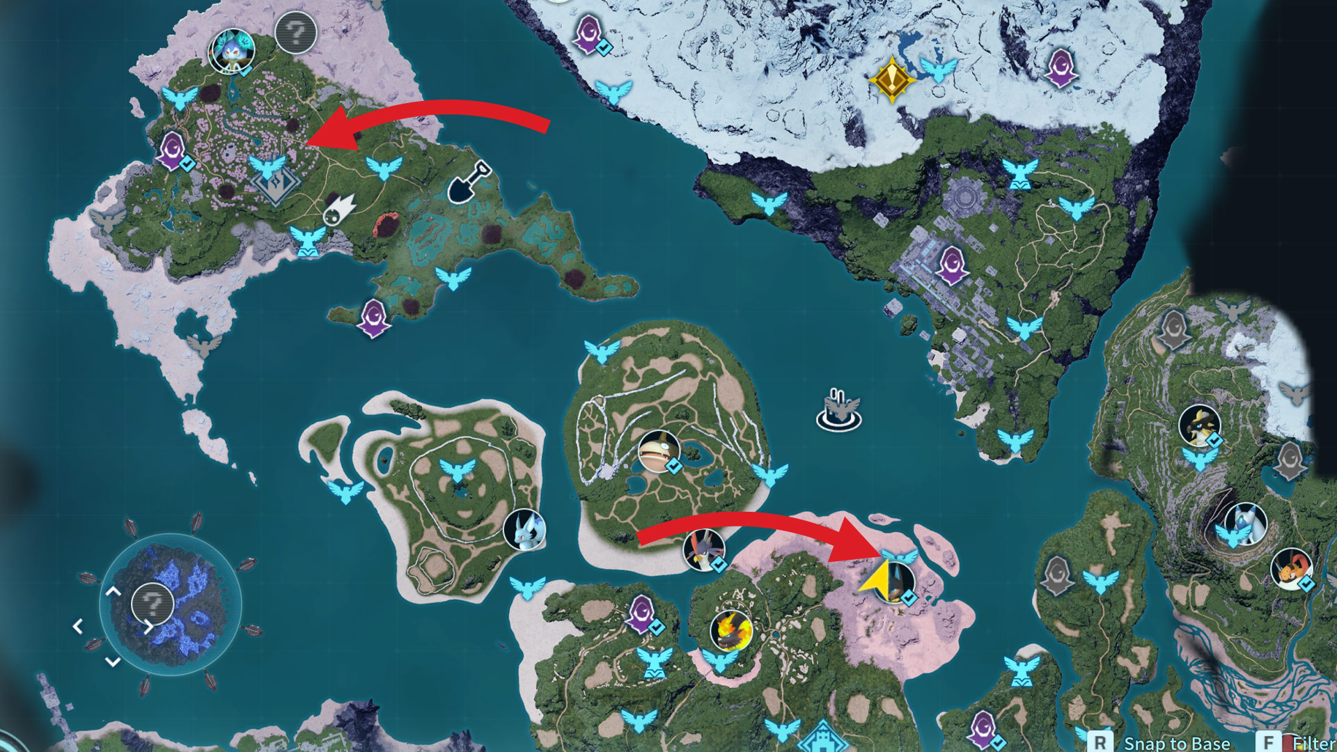 A Palworld map outlining two locations for hardwood. The southern red arrow points to the Anubis Dunes teleport, while the northwestern red arrow points to the Moonflower Tower Entrance teleport.