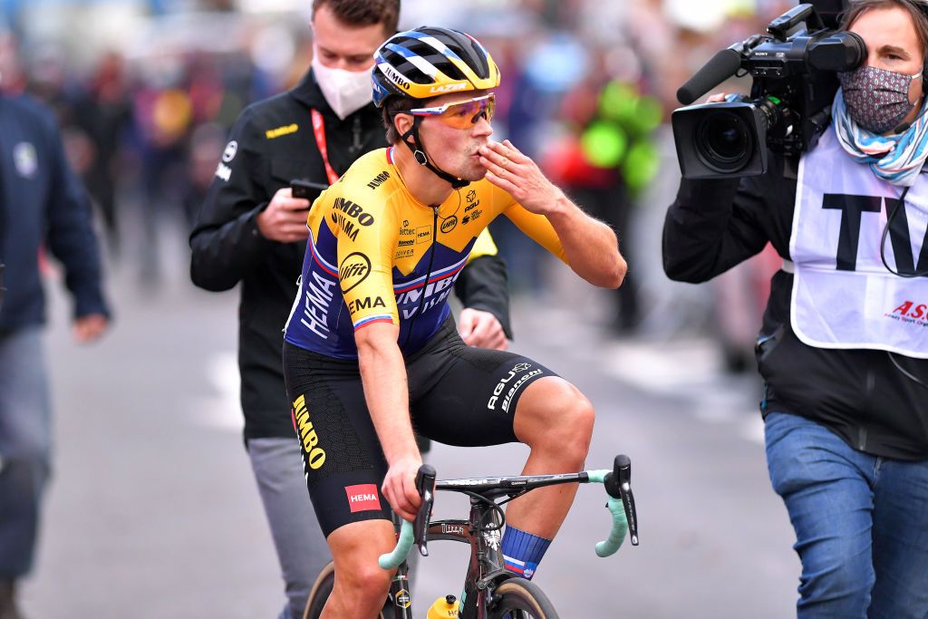 LIEGE BELGIUM OCTOBER 04 Arrival Primoz Roglic of Slovakia and Team JumboVisma Celebration during the 106th Liege Bastogne Liege 2020 Men Elite a 257km race from Liege to Liege LBL classiquesardennes on October 04 2020 in Liege Belgium Photo by Luc ClaessenGetty Images