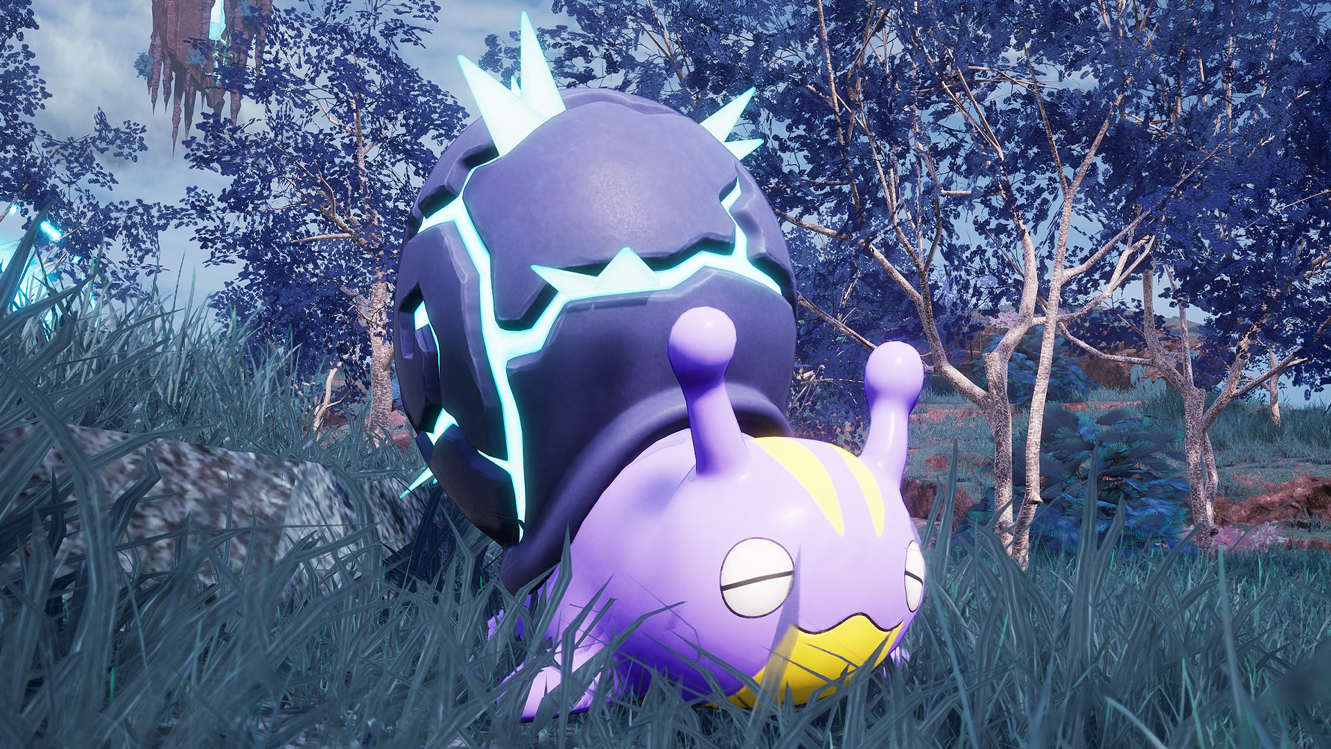 Palworld - Snock, a purple and yellow snail pal with a dark blue shell