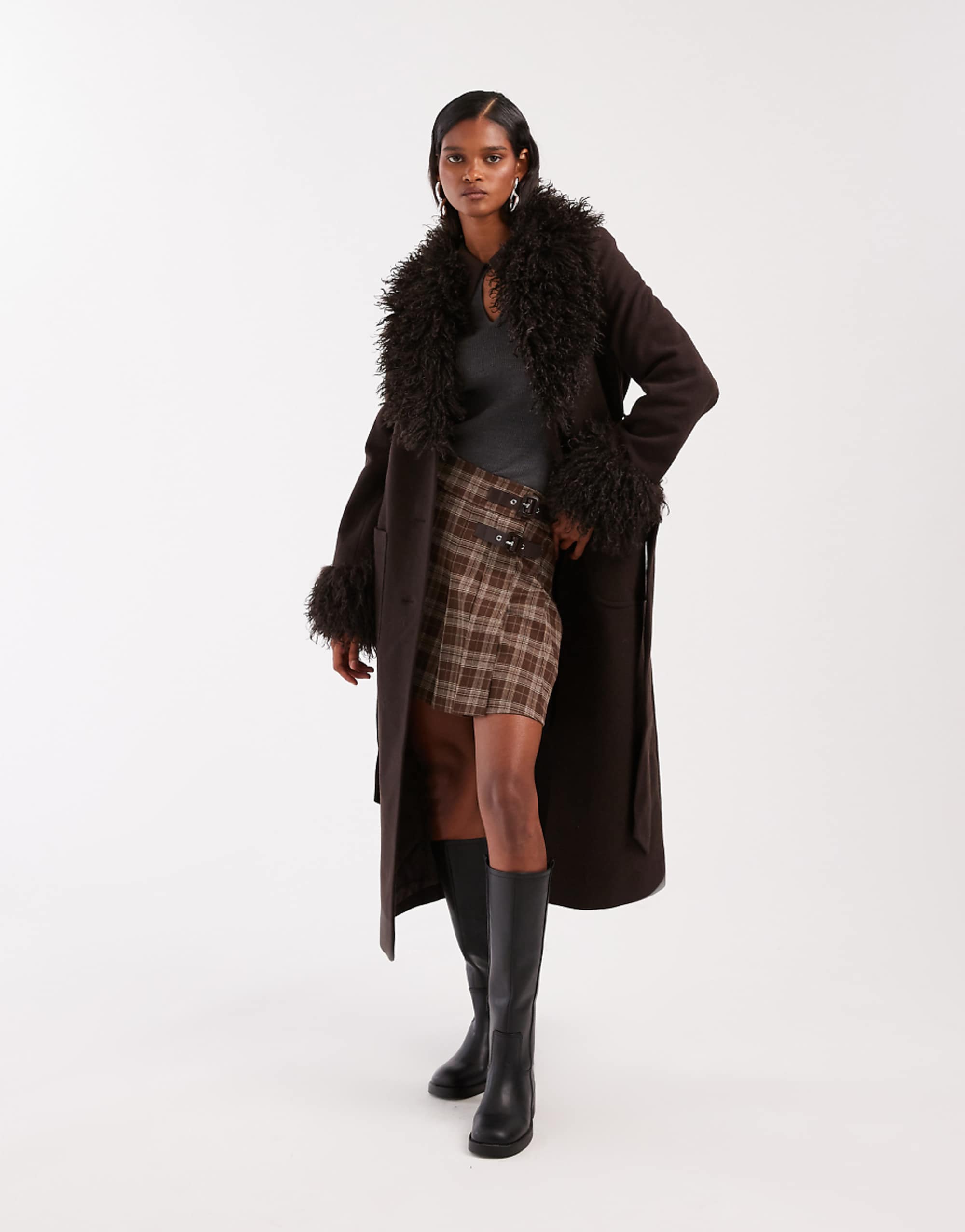 & Other Stories Wool Belted Midaxi Coat in Brown With Faux Fur Trim