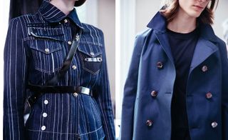 Two images,Left-Model wearing Denim jacket, Right- Model wearing double breasted dark blue coat