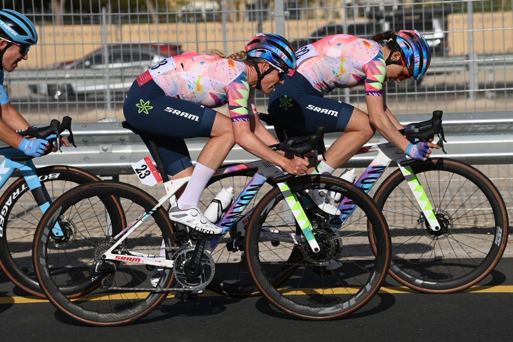 DUBAI UNITED ARAB EMIRATES FEBRUARY 09 LR Tiffany Cromwell of Australia and Elise Chabbey of Switzerland and Team CanyonSRAM Racing compete during the 1st UAE Tour Women 2023 Stage 1 a 109km stage from Port Rashid to Dubai Harbour UAETourWomen on February 09 2023 in Dubai United Arab Emirates Photo by Tim de WaeleGetty Images