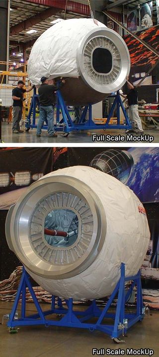 A mockup of Bigelow Aerospace's inflatable BEAM module is seen at the company's Las Vegas headquarters. BEAM, or the Bigelow Expandable Activity Module, will be delivered to the International Space Station in 2015.