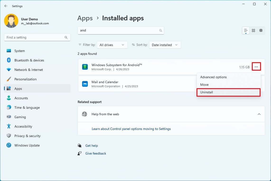 Uninstall Windows Subsystem for Android