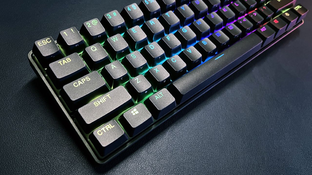 close up of left side of SteelSeries Apex Pro Mini gaming keyboard with RGB lighting
