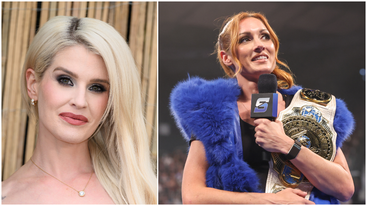 Kelly Osbourne and Becky Lynch (Becky is in a wrestling ring holding a WWE title)