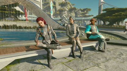 Starfield player sitting on New Atlantis bench with NPCs staring very intently at them