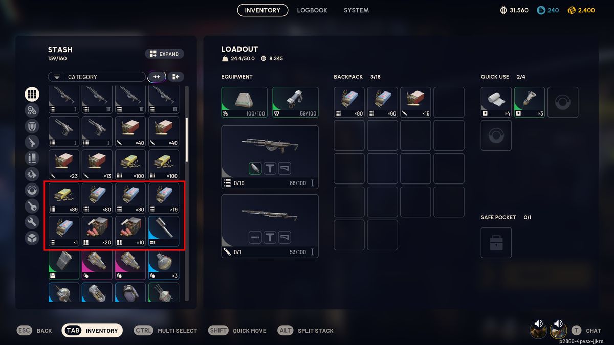 Arc Raiders loot guide: A red rectangle bringing attention to inefficient ammo item stacks in a player's inventory.