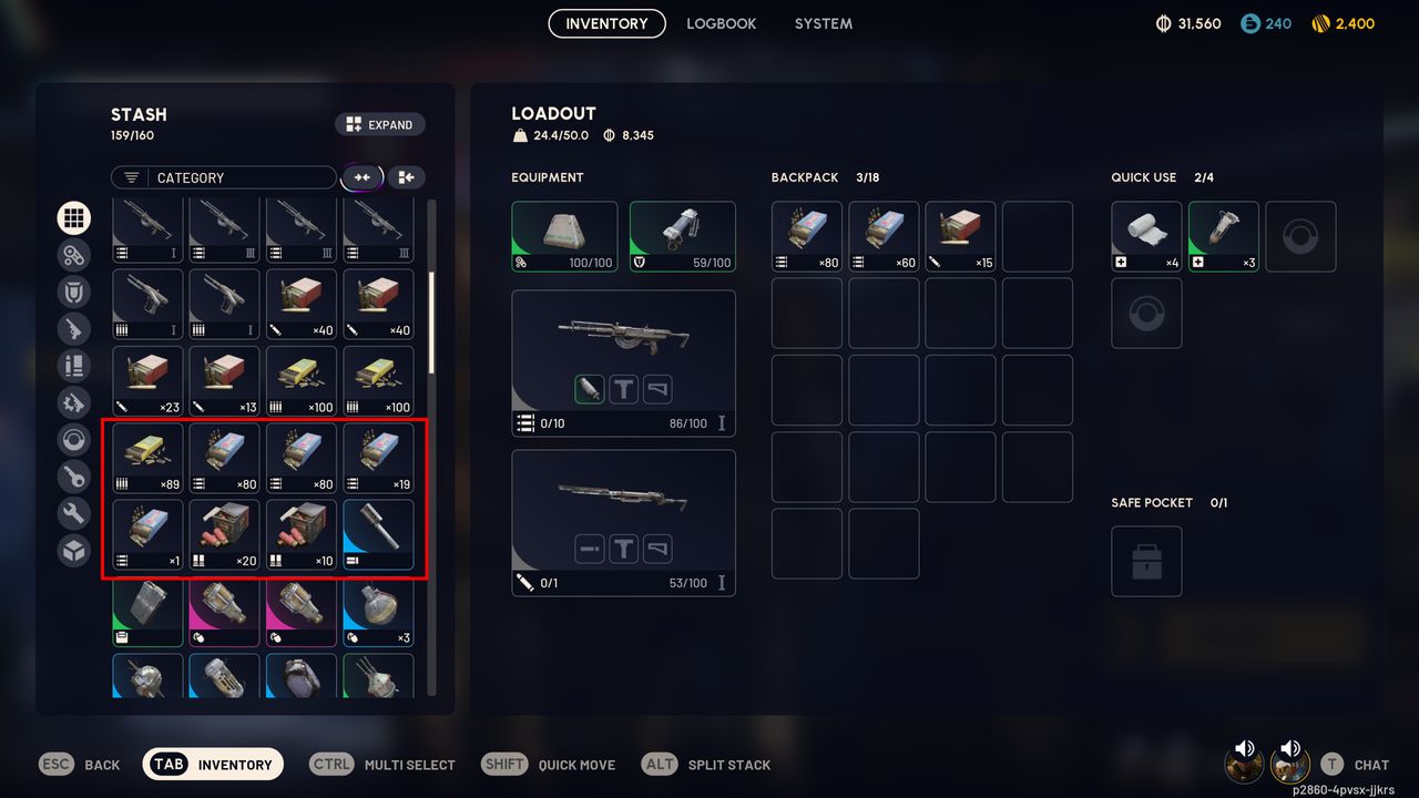 Arc Raiders loot guide: A red rectangle bringing attention to inefficient ammo item stacks in a player's inventory.