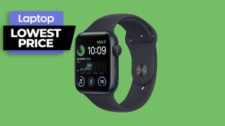 Apple Watch SE in black against green background with lowest price badge