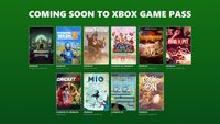A promotional graphic titled Coming Soon to Xbox Game Pass featuring ten video game covers arranged in two rows against a solid green background.