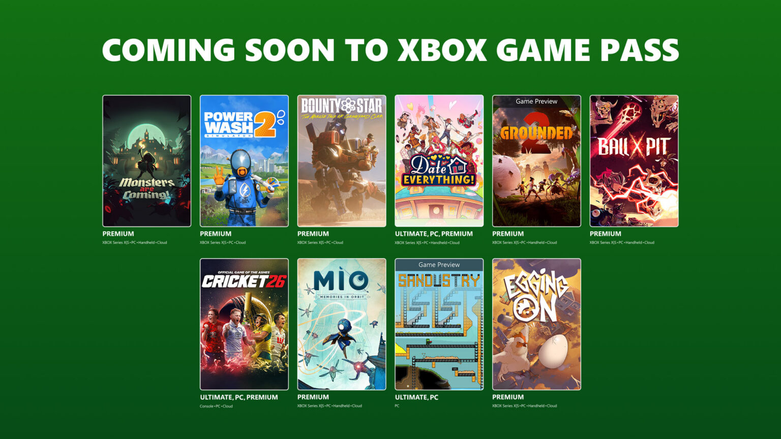 A promotional graphic titled Coming Soon to Xbox Game Pass featuring ten video game covers arranged in two rows against a solid green background.
