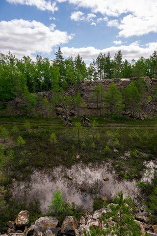 Four cyclists on gravel bikes riding in a Swedish forest