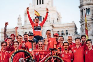 Picture by Zac Williams/SWpix.com - 08/09/2024 - Cycling - 2024 La Vuelta - Stage 21 - Madrid ITT, Spain - Primoz Roglic, Red Bull Bora Hansgrohe wins the 2024 Vuelta Espana.