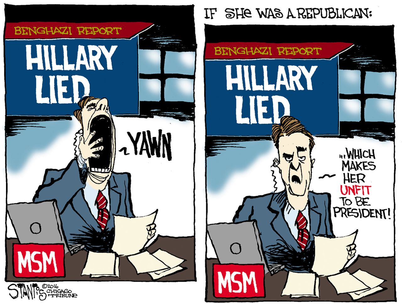 Political cartoon US Hillary Clinton lied Benghazi Report Republican