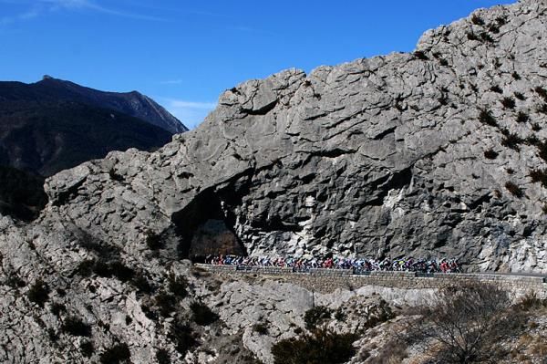 The Paris-Nice peloton makes its way from Sisteron to Nice.