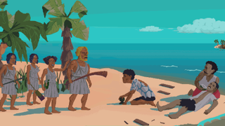 A group of people on an island with one man holding another on near the sea.