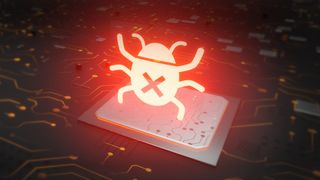 A CGI image of a red bug hologram, representing rootkit malware, floating above a computer chip.