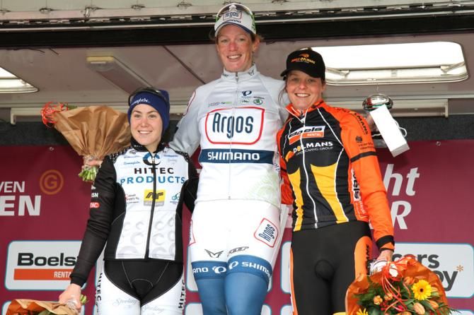 Energiewacht Tour stage 2 podium (L-R): Chloe Hosking, 2nd; Kirsten Wild, 1st; Adrie Visser, 3rd
