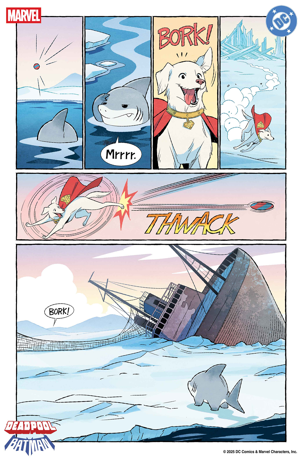 Jeff the Land Shark and Krypto the Super Dog frolicking together