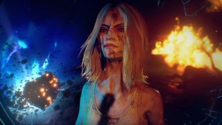 Close up of a dishevelled woman with shoulder-length blonde hair with a determined look on her face. She is wearing a torn white vest. She is covered in dirt, blood, and scratches. In the background to the left: an asteroid exploding. In the background to the right: a giant, blazing explosion.