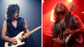Left&ndash;Gary Moore performs on stage at Budokan, Tokyo, Japan, 14th October 1985; Right&ndash;Jared James Nichols performs onstage during a concert at The 1865 on November 26, 2025 in Southampton, England