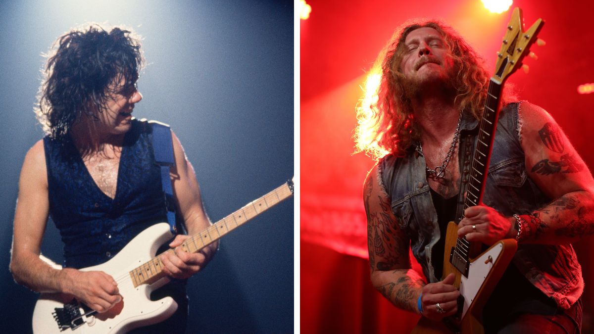 Left&ndash;Gary Moore performs on stage at Budokan, Tokyo, Japan, 14th October 1985; Right&ndash;Jared James Nichols performs onstage during a concert at The 1865 on November 26, 2025 in Southampton, England
