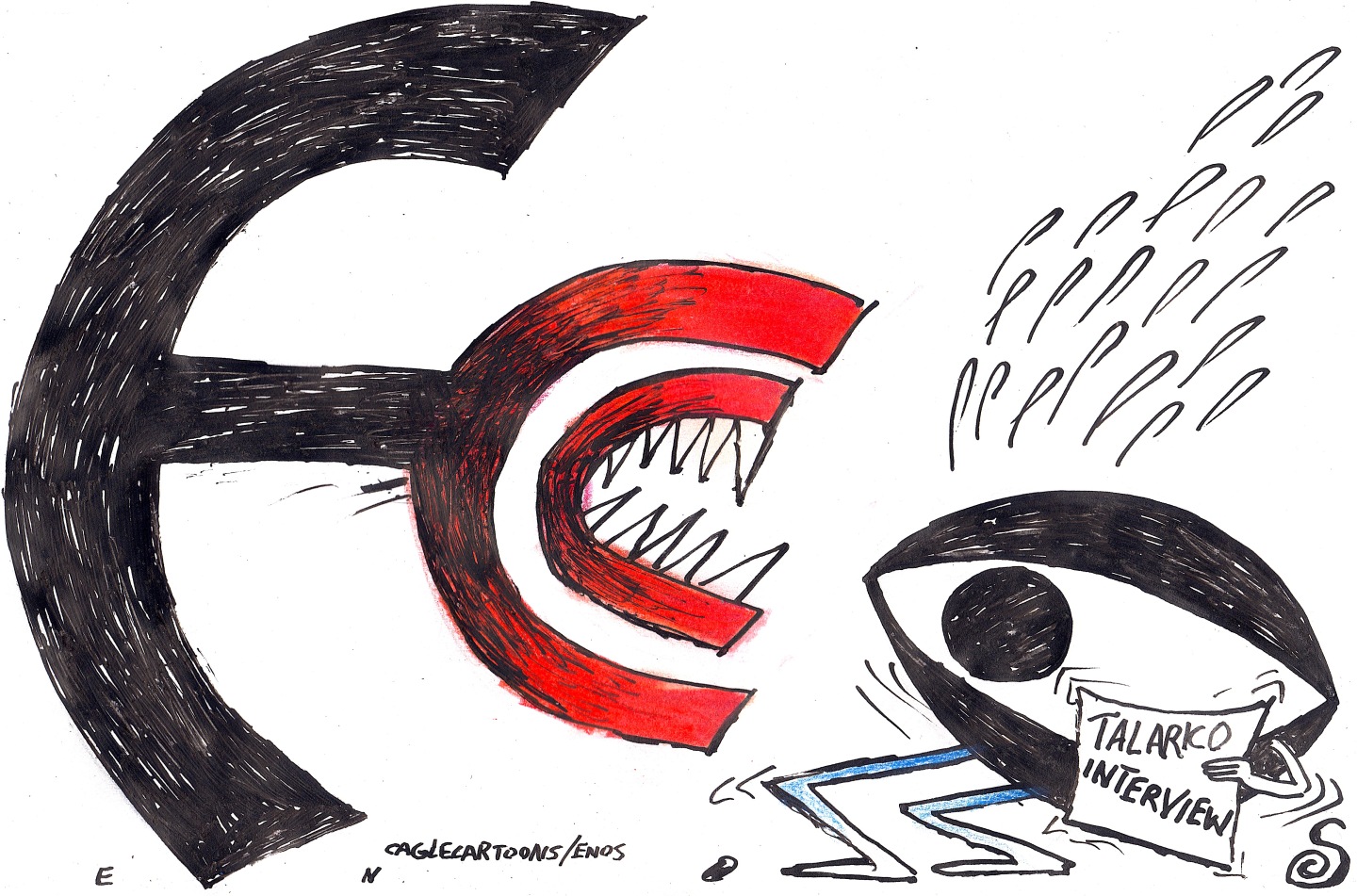 The letters FCC dominate the left side of this cartoon. They are drawn to resemble a fierce, razer-toothed creature that menaces an eye that resembles the CBS logo and holds a piece of paper labeled &amp;ldquo;Talarico interview.&amp;rdquo;