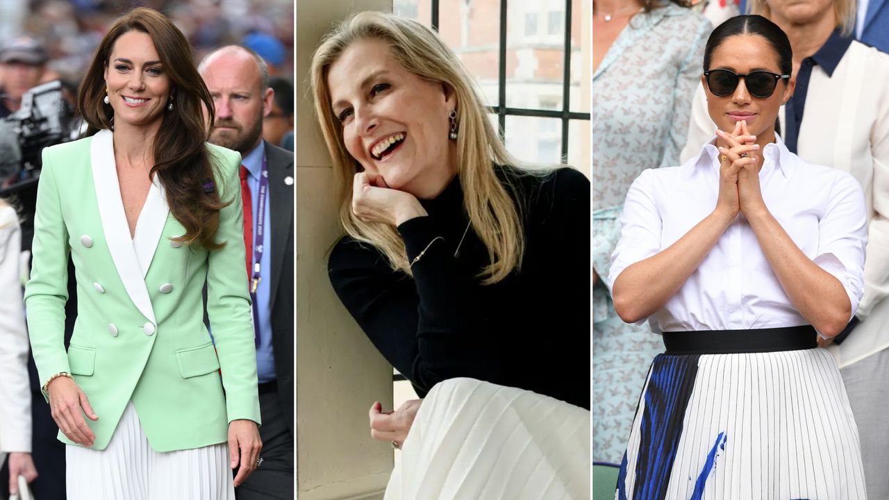 Duchess Sophie poses in her 60th birthday portrait in a black sweater and pleated cream skirt, while Kate Middleton wears a white pleated skirt and Meghan Markle wears a white, black, and blue pleated skirt